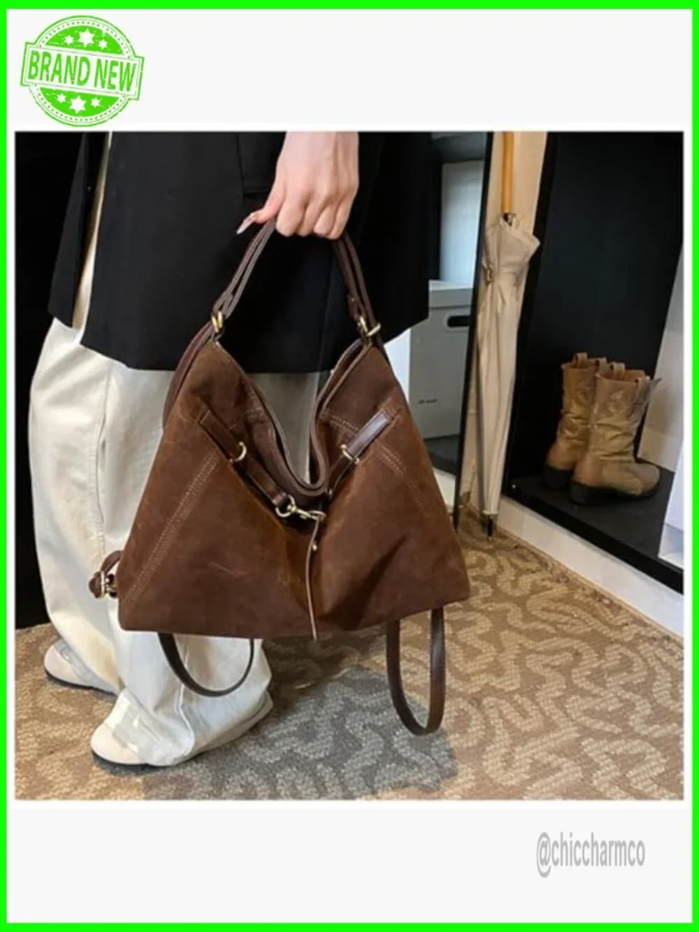 Large Convertible Suede Tote Backpack, Adjustable Strap, Magnetic Closure